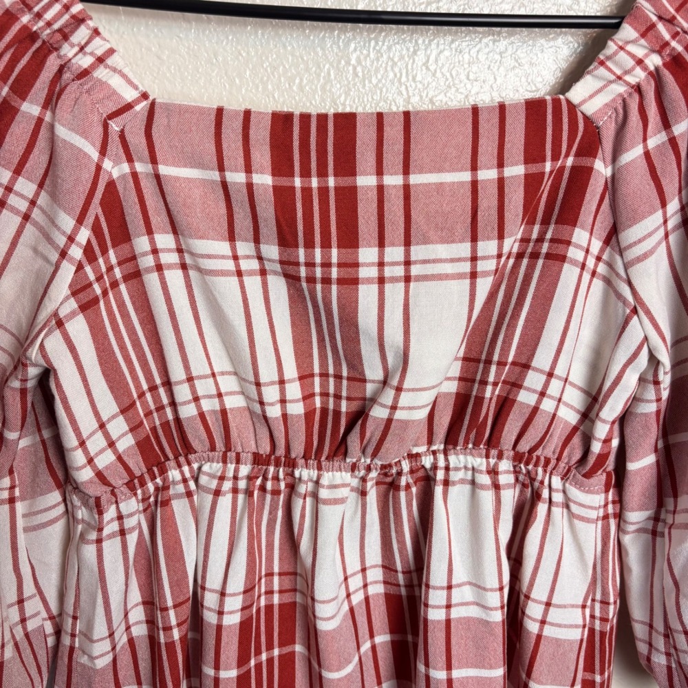 New Monteau Los Angeles S Red Plaid Babydoll Mini Dress Puff Sleeve Cottagecore - Picture 10 of 12